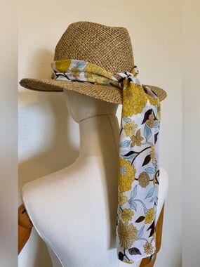 Straw Fedora Hat with Yellow Floral Scarf Accent